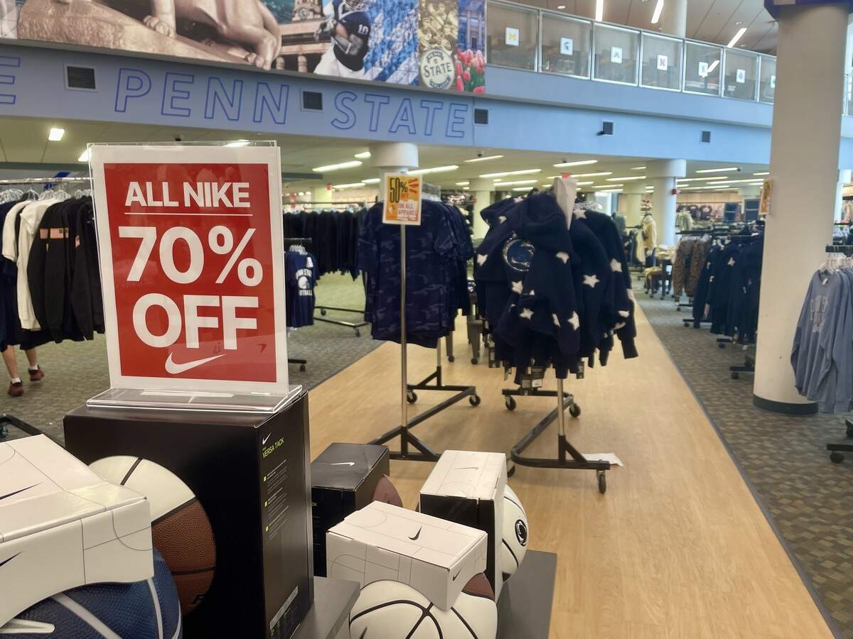Nike-branded Penn State gear is on sale for up to 70% off at Penn State’s University Park bookstore in the HUB-Robeson Center, pictured here on June 11, 2026.
