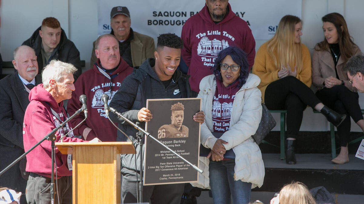 Saquon Barkley had his high school jersey retired Saturday during a parade in his honor in his hometown of Coplay, Pa., on Saquon Barkley Day.