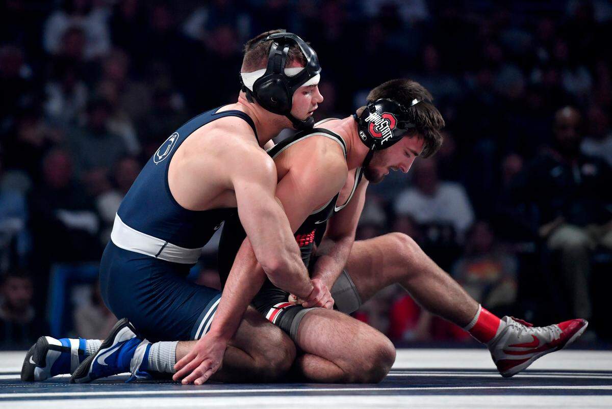 Penn State’s Brady Berge controls Ohio State’s Quinn Kinner in the 157 lb bout of the duel on Saturday, Feb. 15, 2020 at the Bryce Jordan Center. Kinner won by decision, 4-3.