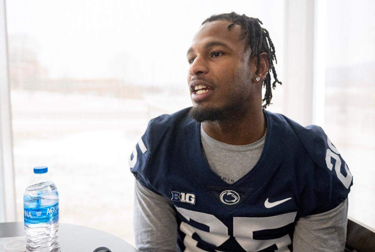 Penn State running back Quinton Martin Jr. answers questions during a media availability on Tuesday, Feb. 11, 2025.