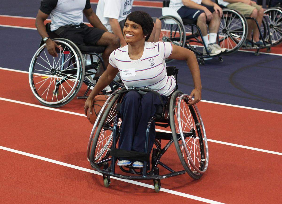 Maggie Redden, an accomplished U.S. Paralympic Team member, plays a game of wheelchair basketball at the Multi-Sport Indoor Facility on the Penn State campus in September 2011.