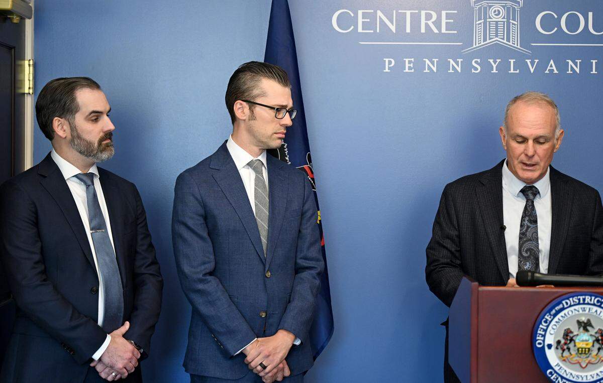 Centre County Assistant District Attorney Matt Metzger and Centre County First Assistant District Attorney Joshua Andrews listen as Subramanyam “Subu” Vedam’s case is dismissed by District Attorney Bernie Cantorna on Oct. 2, 2025.