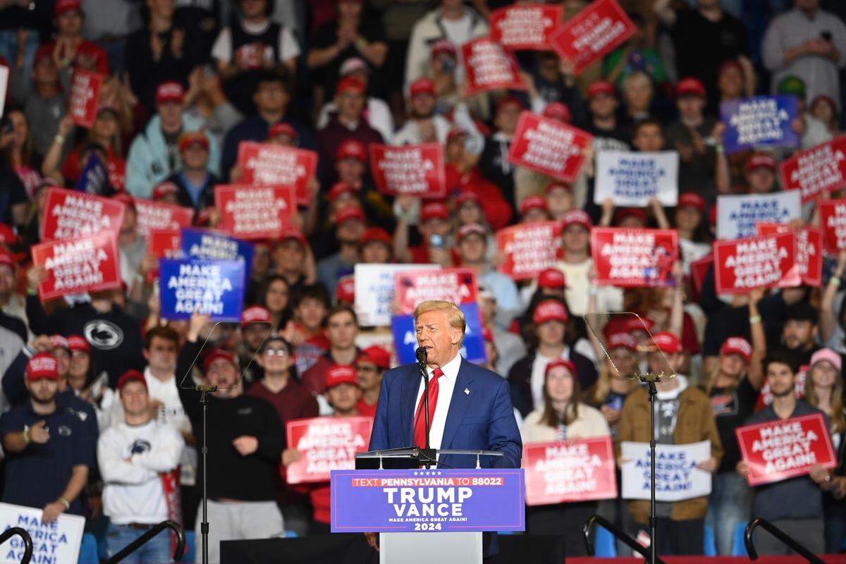 Former President Donald Trump speaks on stage at the Bryce Jordan Center on Saturday, Oct. 26., 2024.