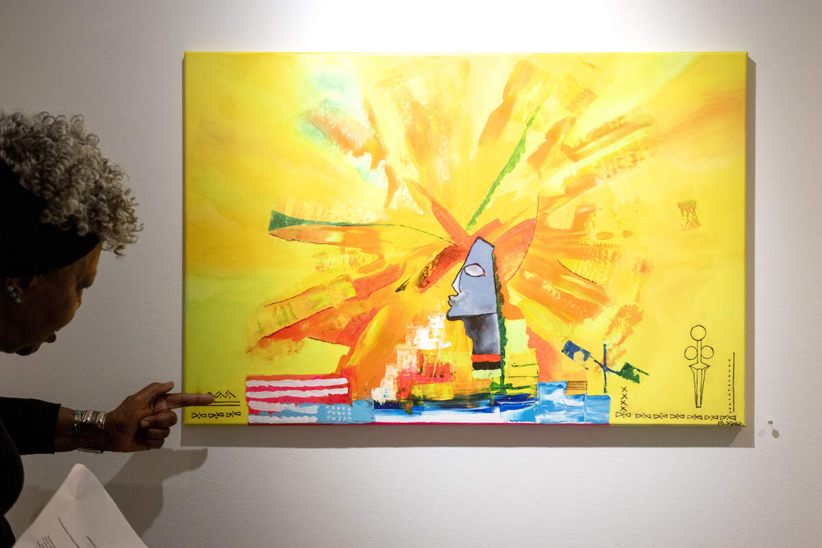 Grace Hampton talks about a piece by Barry King in the exhibit “Juneteenth 2026: Freedom, Justice, Equality-An Intergenerational Perspective.”