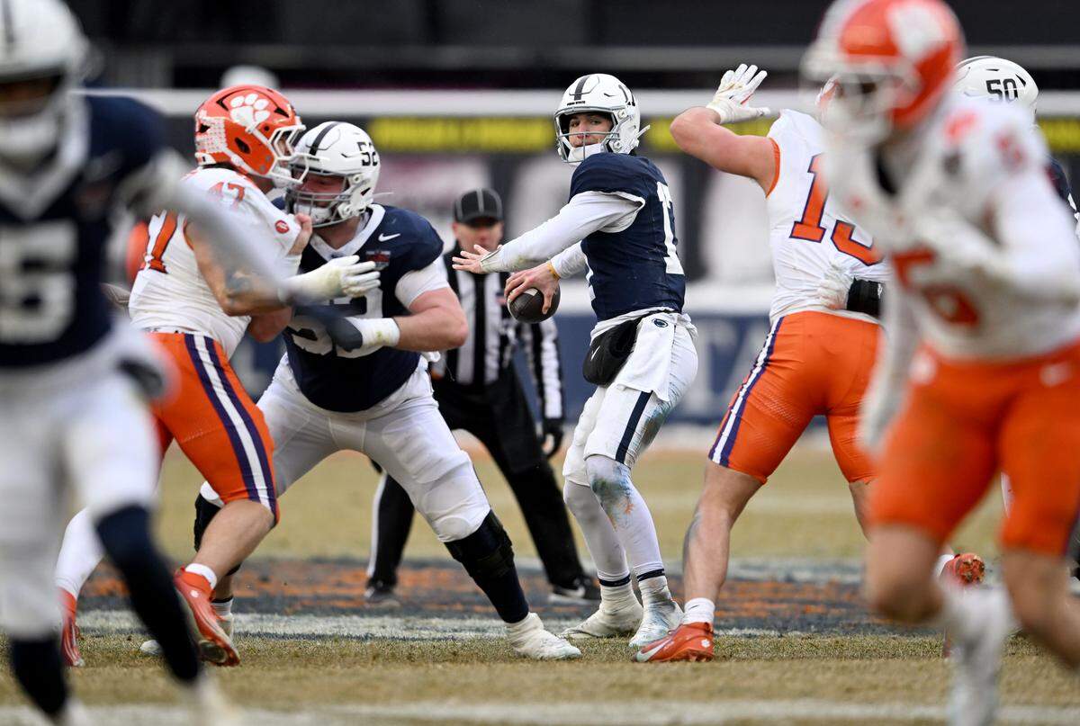 Penn State quarterback Ethan Grunkemeyer makes a pass during the Pinstripe Bowl against Clemson at Yankee Stadium on Saturday, Dec. 27, 2025.  