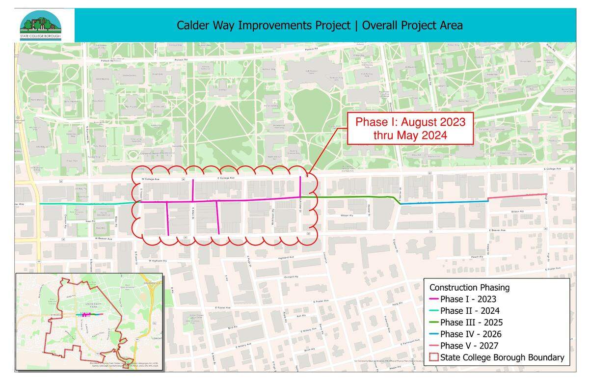 An overview of the five-phase Calder Way Project. Phase 1, which starts Monday, will focus on Calder Way from McAllister Street to South Fraser Street. Phase 2 in 2024 will extend from South Fraser Street to Atherton Street. Phase 3 is McAllister Street to South Garner Street; Phase 4 will extend from South Garner to Hetzel Street; and Phase 5 in 2027 will go from Hetzel to High Street.