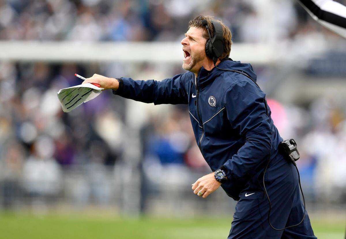 Penn State defensive coordinator Brent Pry yells to his players during overtime of the game against Illinois on Saturday, Oct. 23, 2021.