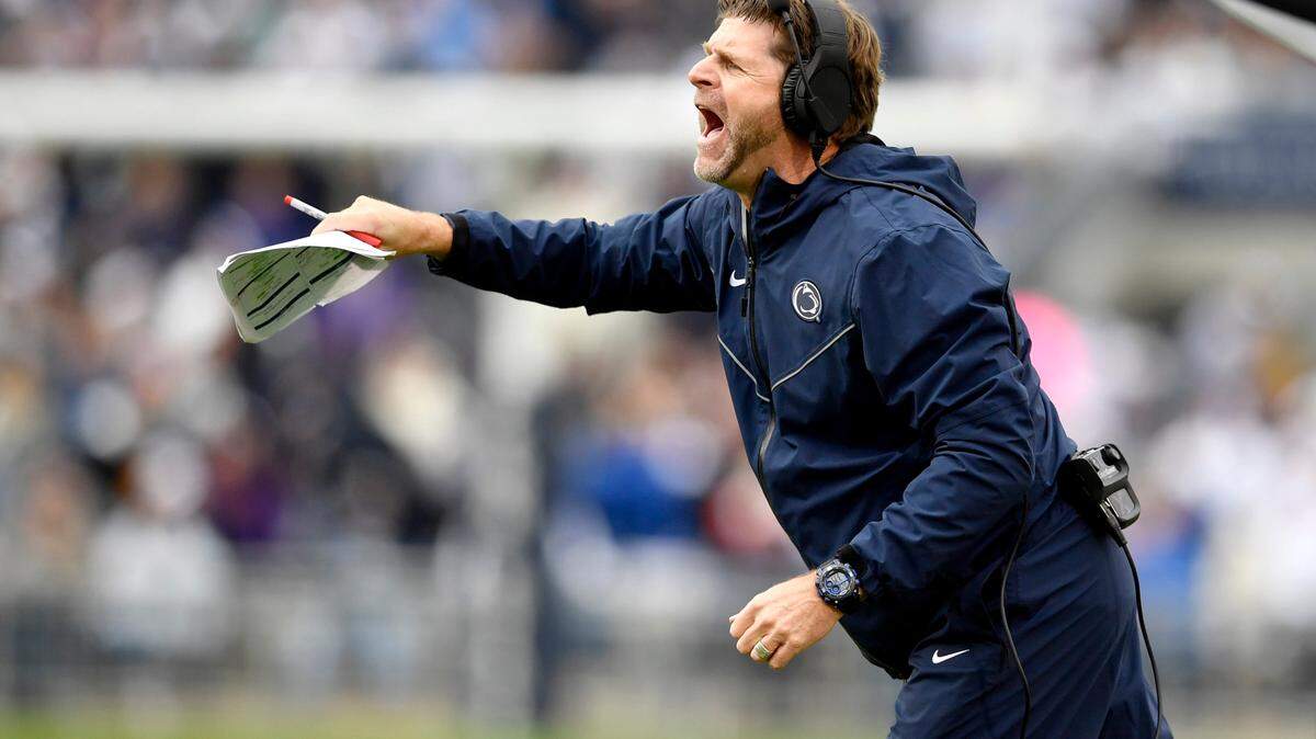 Penn State defensive coordinator Brent Pry yells to his players during overtime of the game against Illinois on Saturday, Oct. 23, 2021.