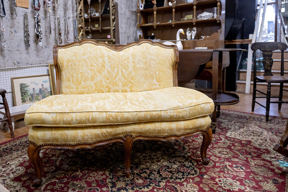 A silk covered sofa at The Great Mish Mosh in Bellefonte.