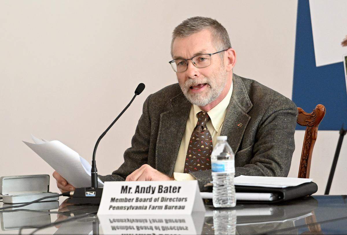 Pennsylvania Farm Bureau board of directors member Andy Bater talks about the issues of eminent domain for farmers during a public hearing hosted by state Sen. Cris Dush, R-Brookville, on Monday, Jan. 22, 2024.