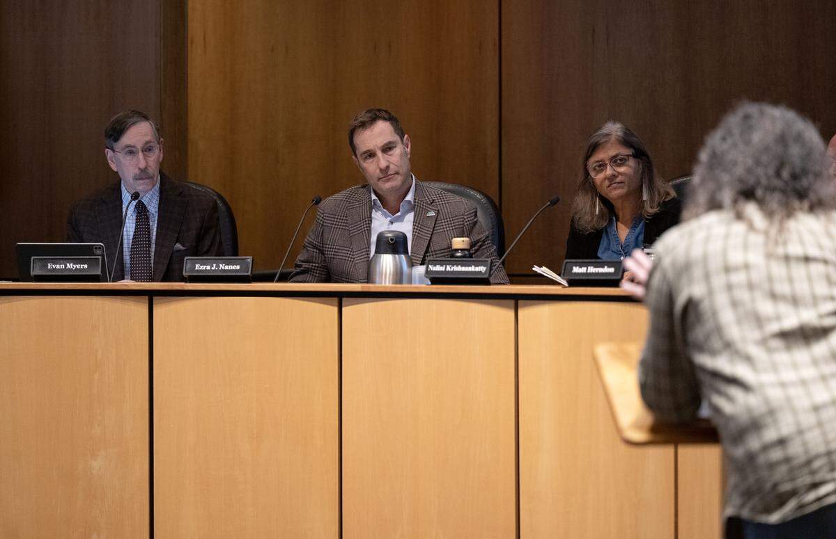 State College Borough Council members including Evan Myers, Mayor Ezra Nanes and Nalini Krishnankutty listen to public comment during the meeting on Monday, Dec. 1, 2025. 