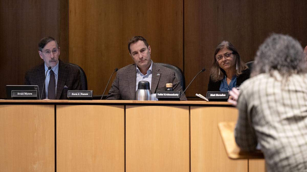 State College Borough Council members including Evan Myers, Ezra Nanes and Nalini Krishnankutty listen to public comment during the meeting on Monday, Dec. 1, 2025.