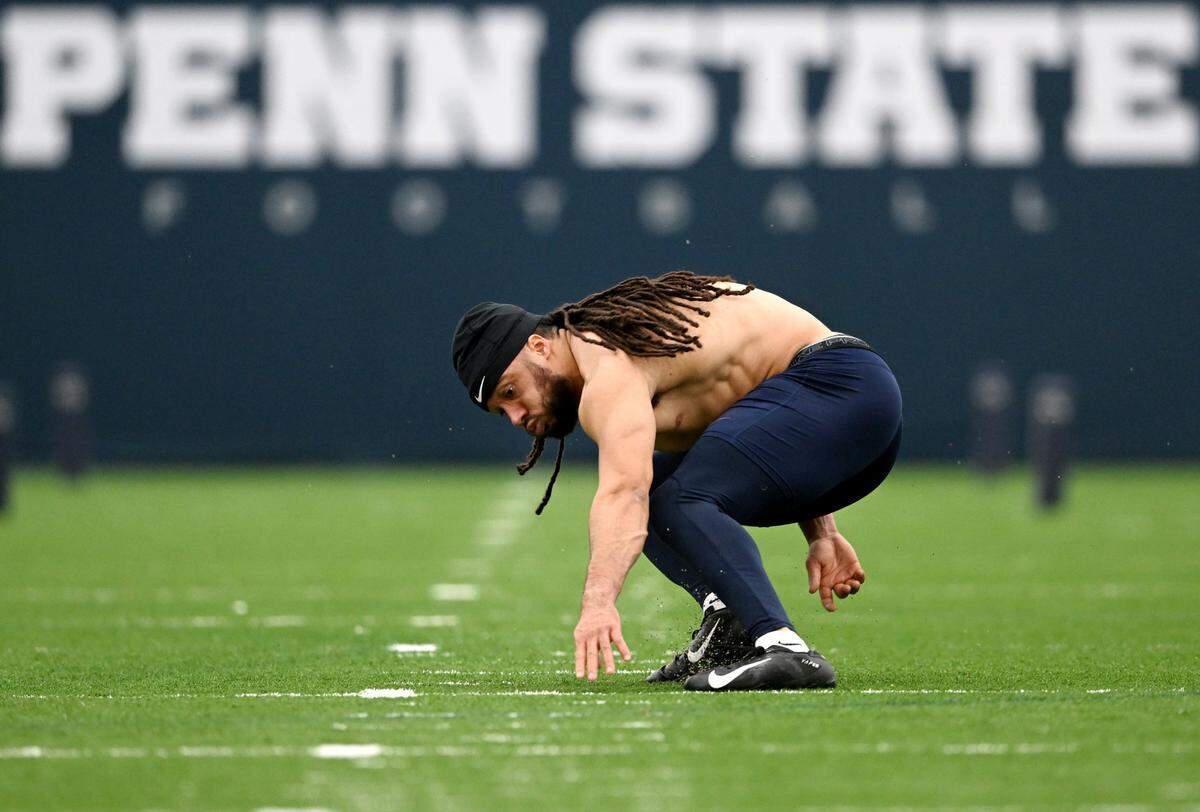 Safety Jonathan Sutherland runs the pro shuffle during Penn State football’s Pro Day on Friday, March 24, 2023.