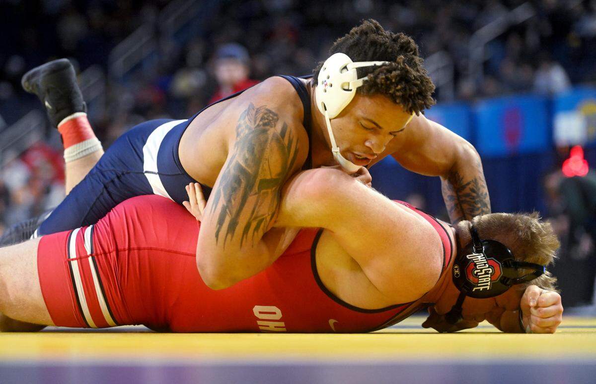 Penn State’s Greg Kerkvliet 285 controls Ohio State’s Tate Orndorff in a 285 lb quarterfinal bout of the Big Ten wrestling championships at the Crisler Arena in Ann Arbor Michigan on Saturday, March 4, 2023.