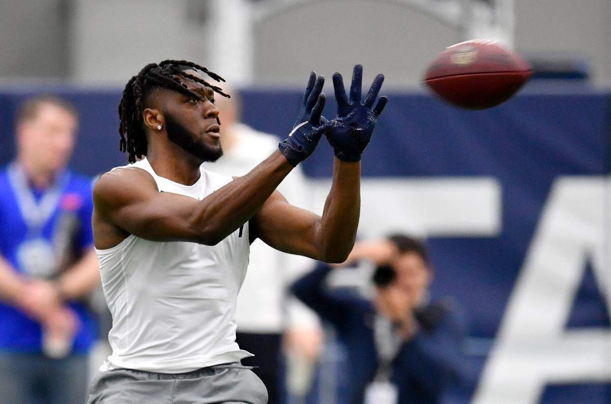Wide receiver Benjamin Wilson makes a catch during Penn State pro day on Thursday, March 24, 2022.