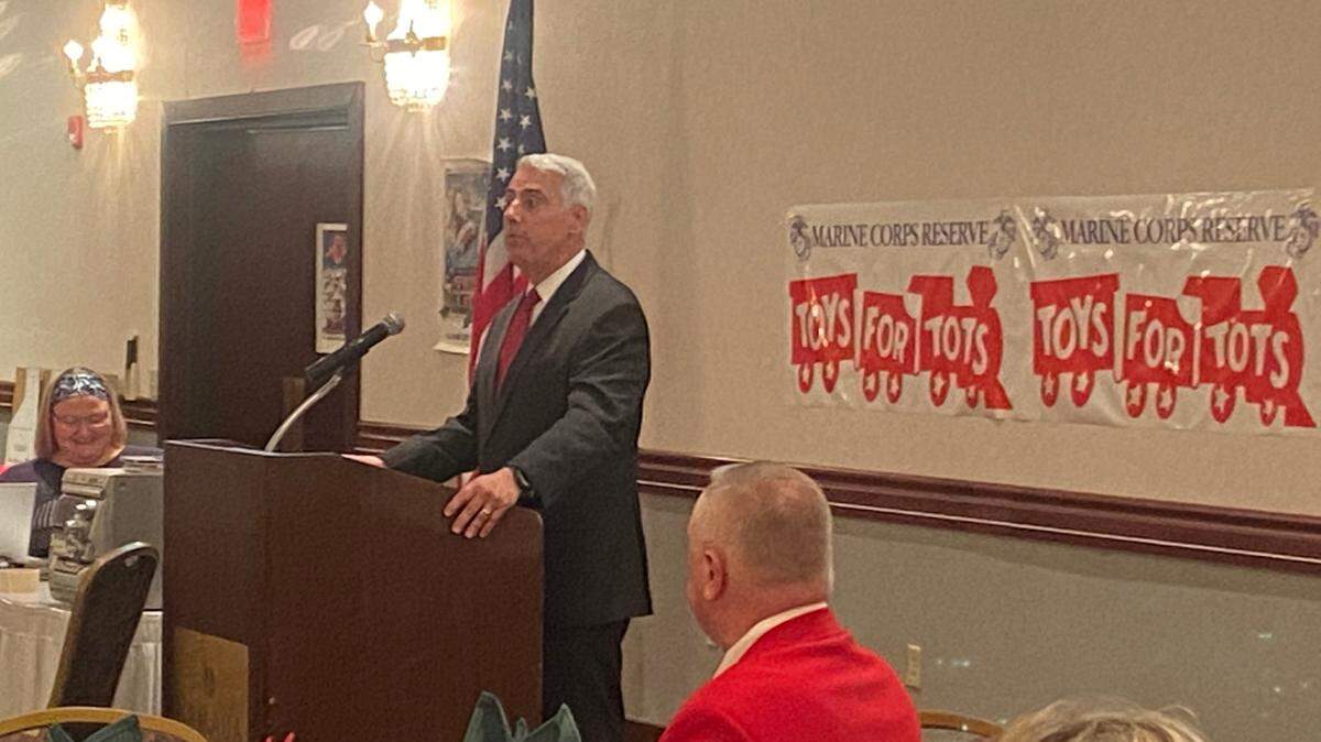 WTAJ meteorologist Joe Murgo, the honorary chair of the 2021 Centre County Toys for Tots campaign, speaks Wednesday morning during a kick-off breakfast at the Ramada Inn in State College.