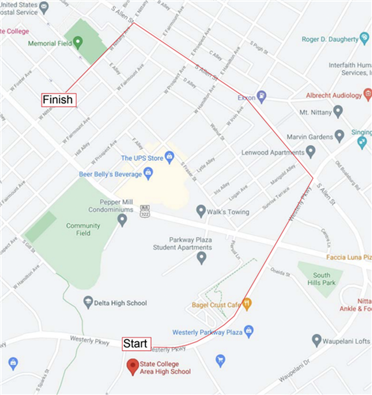 Route for State College Area High School’s Homecoming Parade on Thursday, Oct. 6, 2022.