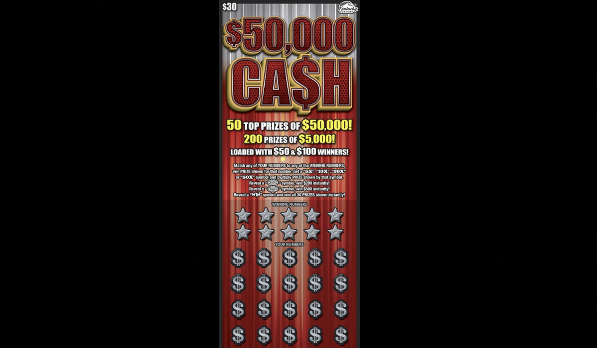 This screenshot shows part of a $50,000 Ca$h scratch-off game ticket.