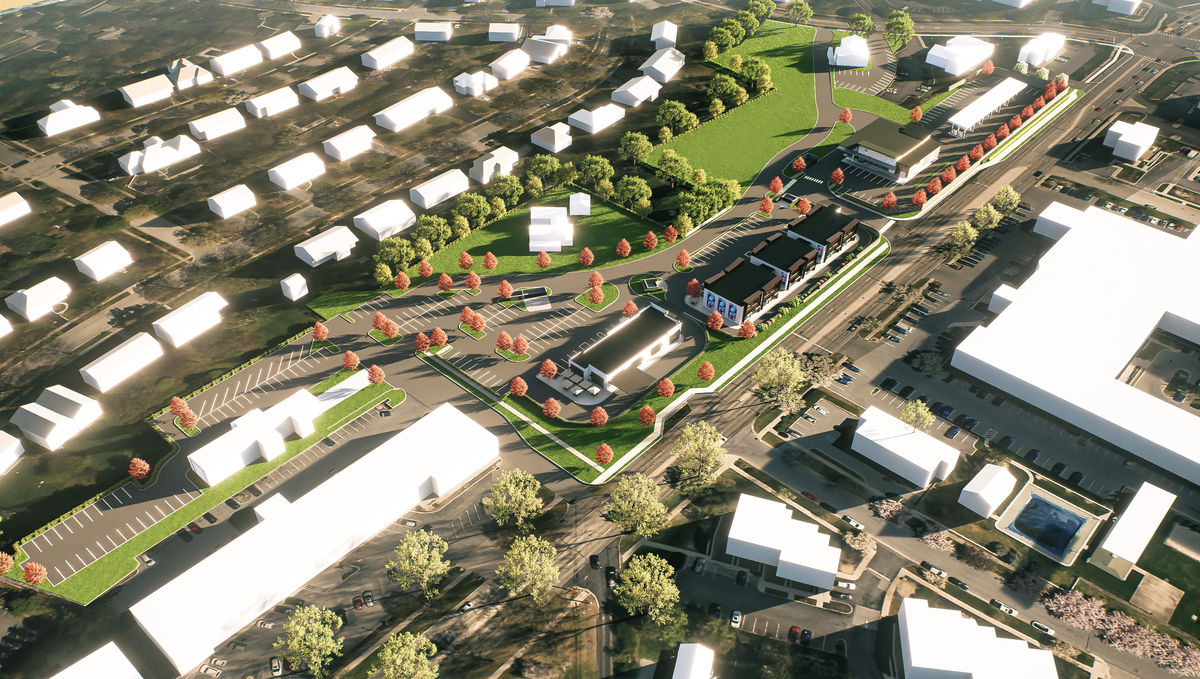 This rendering offers a bird’s-eye view of the proposed redevelopment at the former Autoport property along South Atherton Street. Plans include retail spaces, restaurants and a convenience store with a fuel station.
