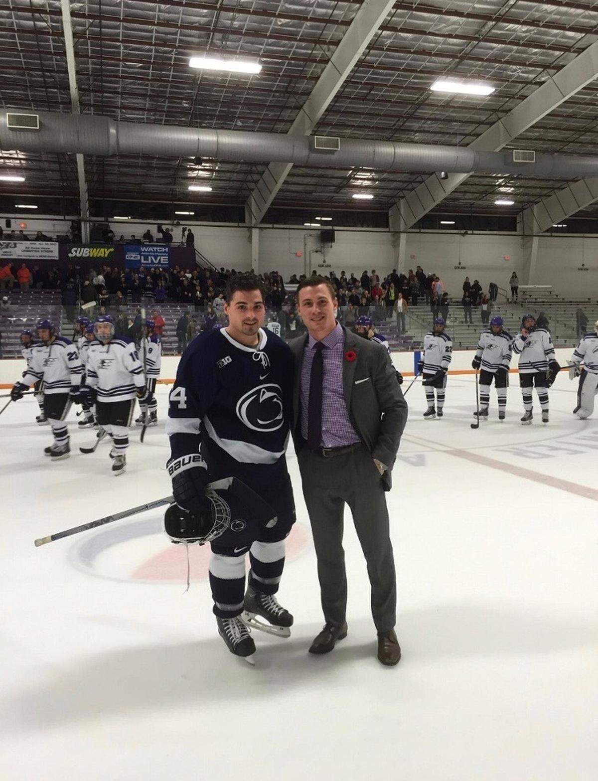 Tommy Olczyk and his older brother, Eddie Olczyk, pictured together after a Penn State versus Niagara University game.