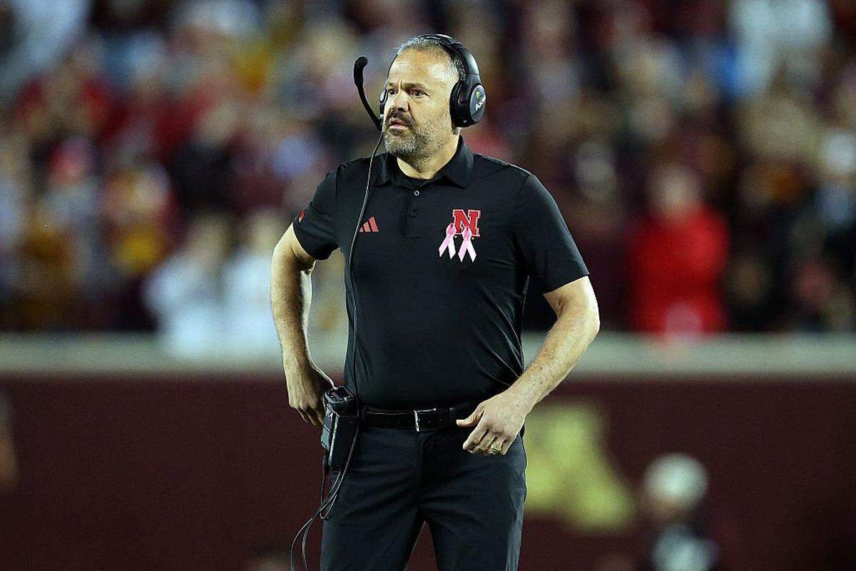 MINNEAPOLIS, MINNESOTA - OCTOBER 17: Head coach Matt Rhule of the Nebraska Cornhuskers looks on against the Minnesota Golden Gophers in the first quarter at Huntington Bank Stadium on October 17, 2025 in Minneapolis, Minnesota. (Photo by David Berding/Getty Images)