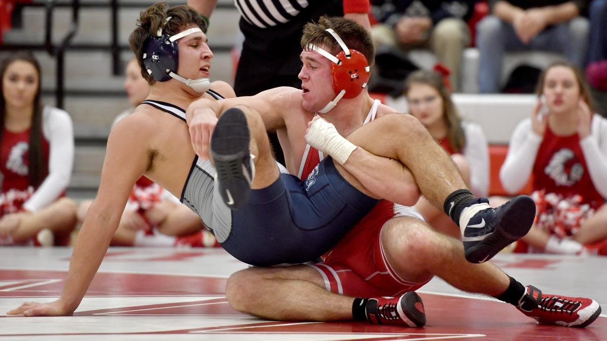 Bellefonte’s Kyle Myers controls Penns Valley’s Carter Felker in the 220 lb bout during the match on Tuesday, Jan. 8, 2018. Myers won by fall.