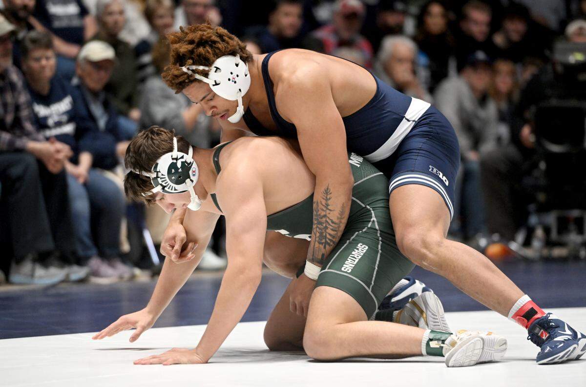 Penn State’s Greg Kerkvliet controls Michigan State’s Max Vanadia in the 285 lb bout of the match on Friday, Jan. 10, 2025 in Rec Hall.
