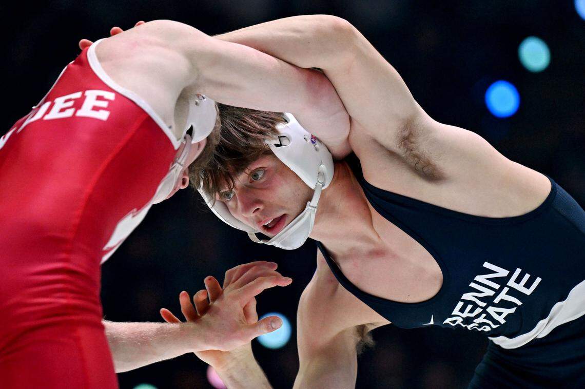 Penn State’s Marcus Blaze wrestles Nebraska’s Jacob Van Dee in the 133 lb bout of the match on Friday, Jan. 30, 2026.