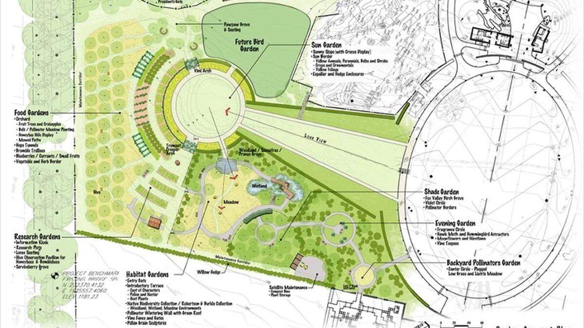 A design plan of The Arboretum at Penn State including the new Pollinators’ Garden. The conceptual design for the garden was prepared by Missy Marshall from the landscape architecture firm Pashek+MTR.