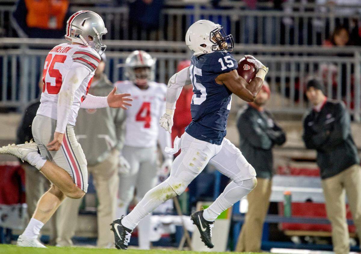 Penn State cornerback Grant Haley recovers the blocked field goal and returns it for a touchdown during the Saturday, October 22, 2016 game at Beaver Stadium. Penn State won, 24-21.