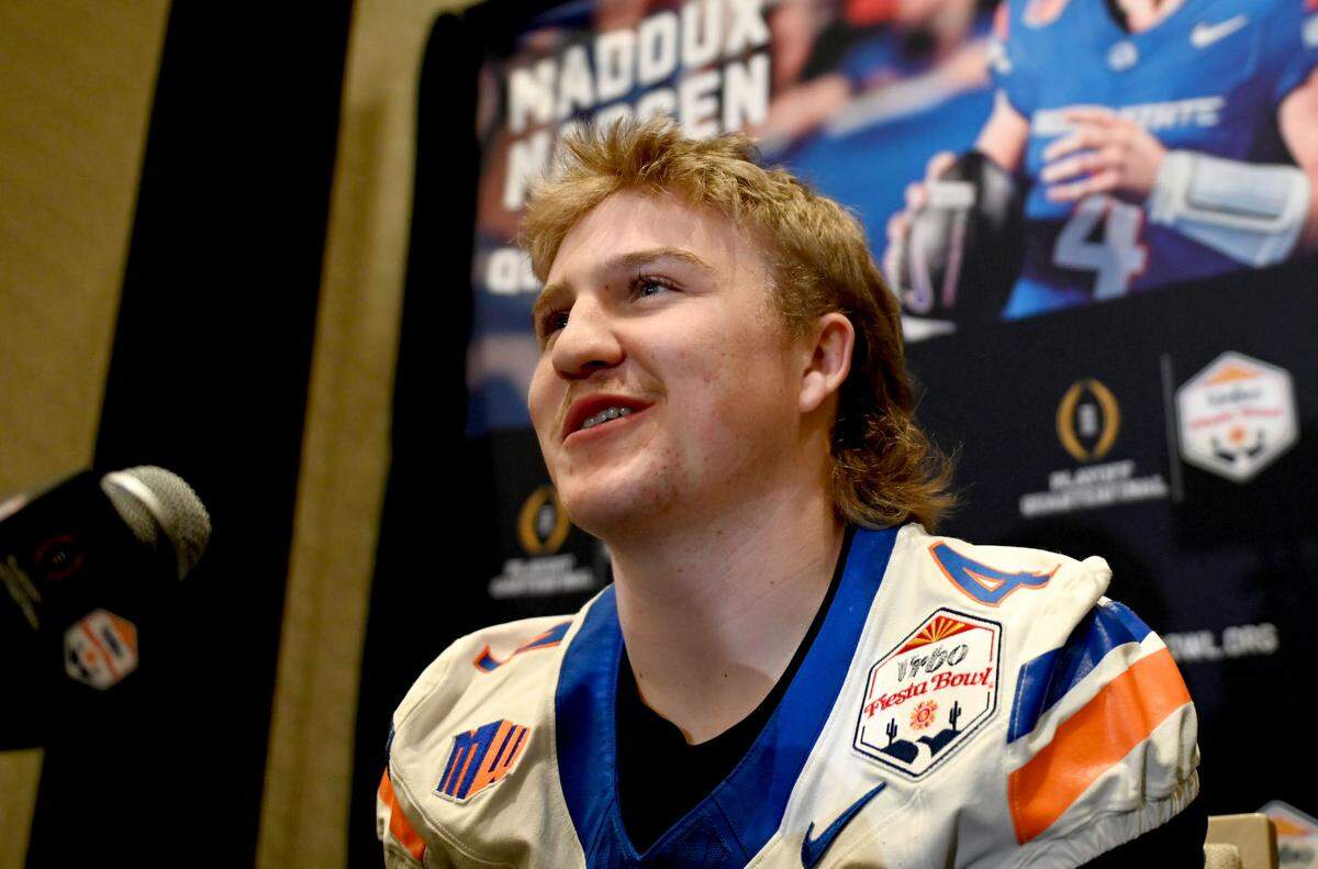 Boise State quarterback Maddux Madsen answers questions during media day for the Fiesta Bowl on Sunday, Dec. 29, 2024 at the Camelback Inn.