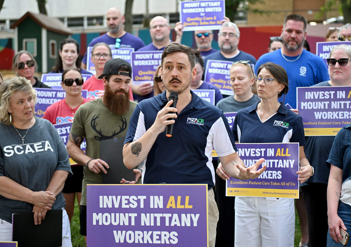 Connor Lewis, president of the Seven Mountains Central Labor Council, shares his support for Mount Nittany healthcare workers on Wednesday, July 8, 2026.