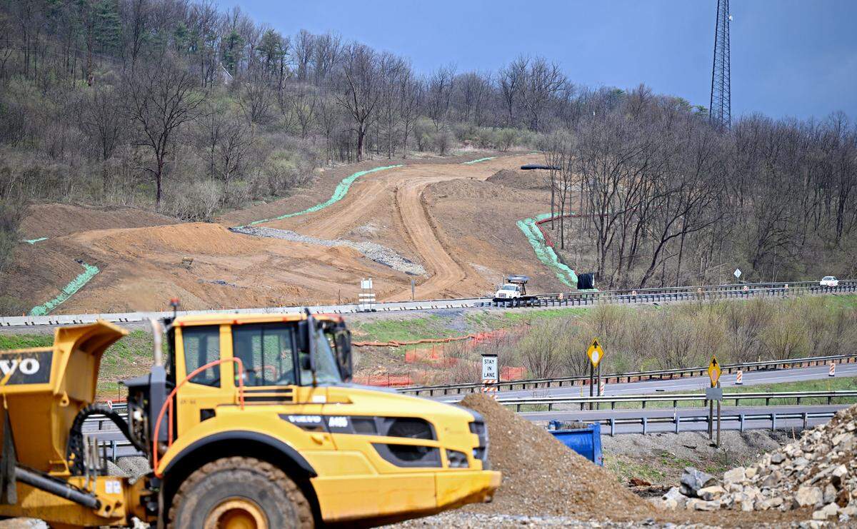 Land moving work is underway for the I-80 and I-99 high speed interchange on Tuesday, April 15, 2025. A new flyover bridge will be built over the existing I-80.