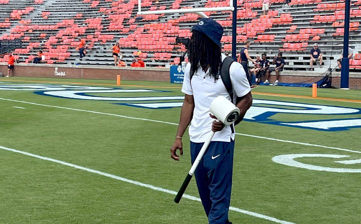 Penn State cornerback Marquis Wilson carries the “hit hammer” before the game against Auburn.