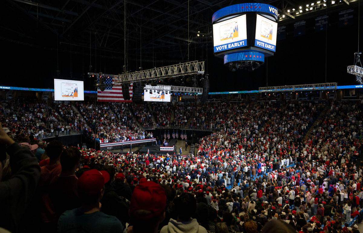 Donald Trump speaks to the crowd in the Bryce Jordan Center on Saturday, Oct. 26, 2024.