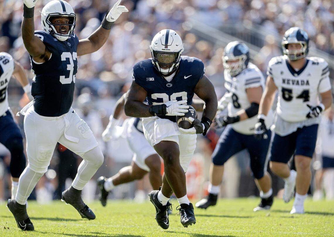 Penn State defensive tackle Zane Durant intercepts the ball during the first quarter of the game against Nevada on Saturday, Aug. 30, 2025 at Beaver Stadium.