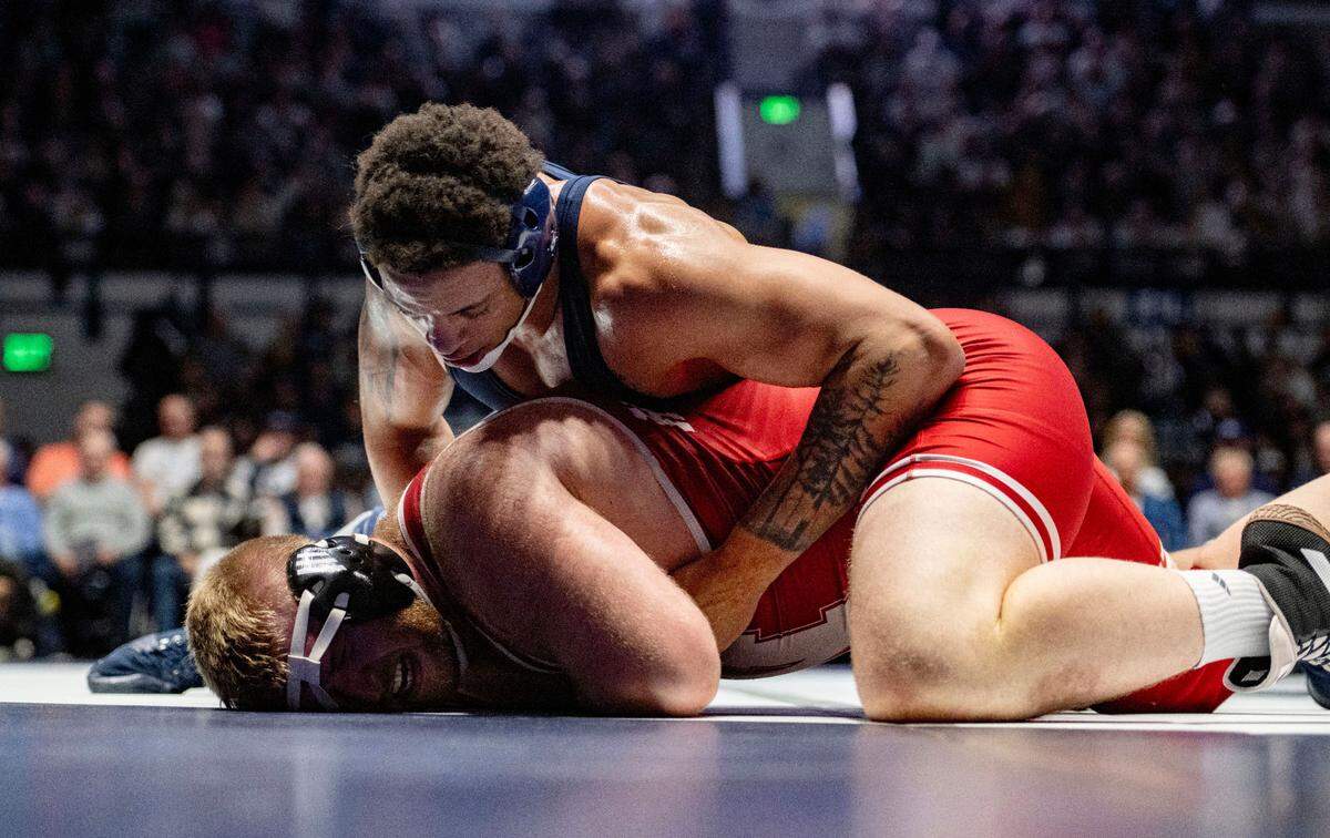 Penn State’s Greg Kerkvliet controls Nebraska’s Nash Hutmacher in the 285 lb bout of the match on Sunday, Feb. 18, 2024 in Rec Hall.