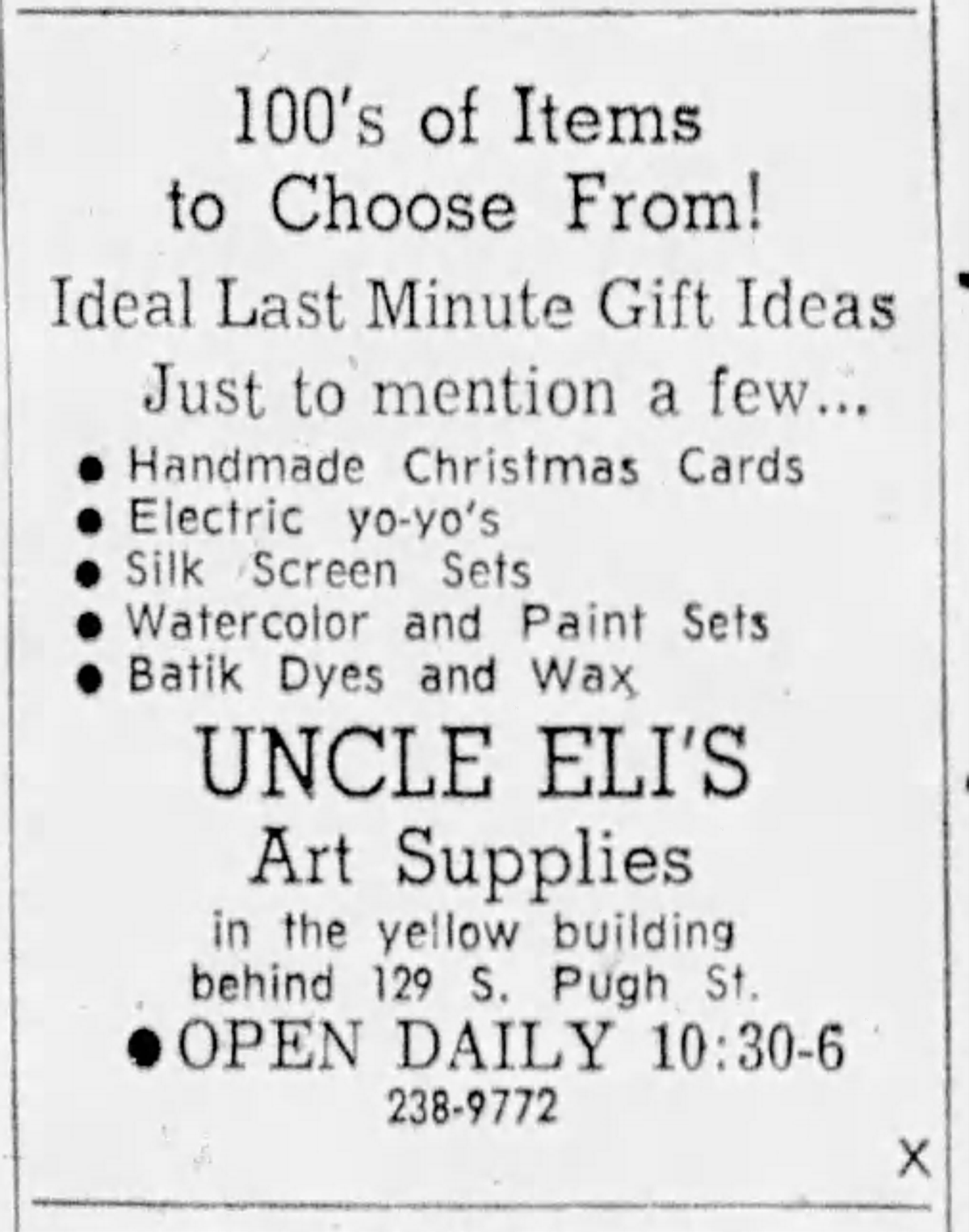 An ad for what’s now known as Uncle Eli’s Artist Marketplace and Frame Shop from Dec. 22, 1971.
