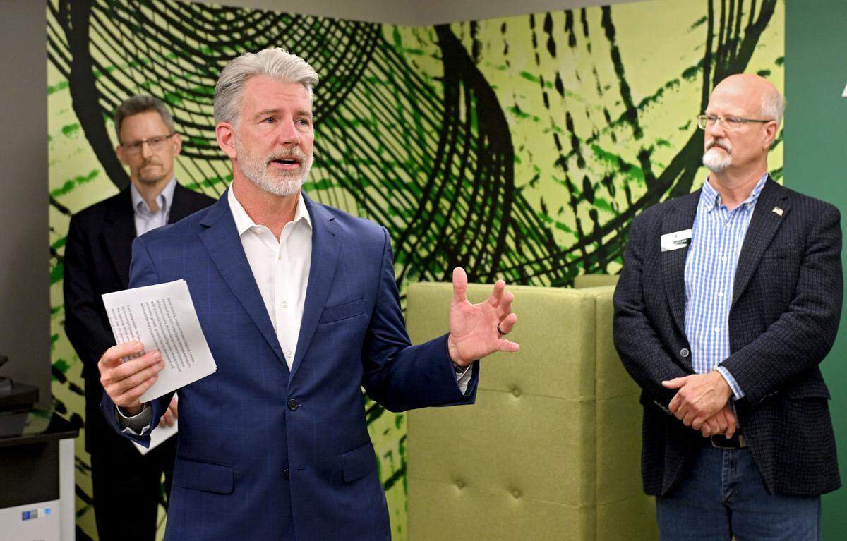 Greg Scott, president of the Chamber of Business & Industry of Centre County, speaks during the grand opening of Pennsylvania Highlands Community College’s Centre County location on Friday, Aug. 16, 2024.