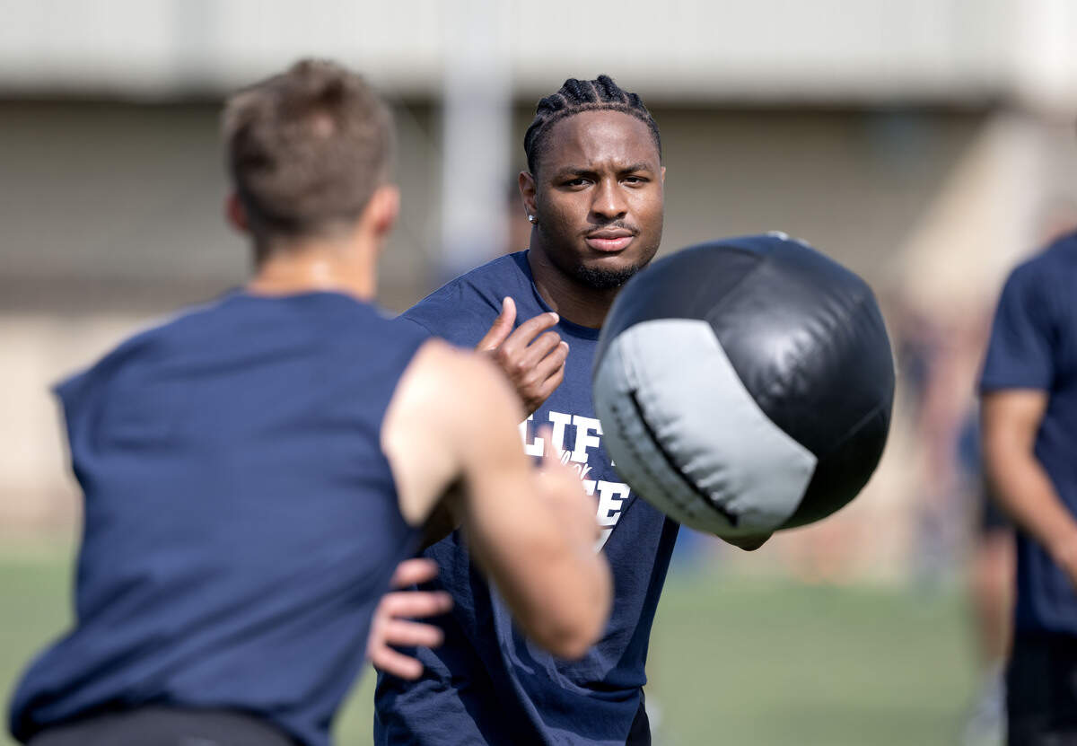 Penn State safety Marcus Neal competes in the weighted ball relay during Lift For Life on Wednesday, July 1, 2026.