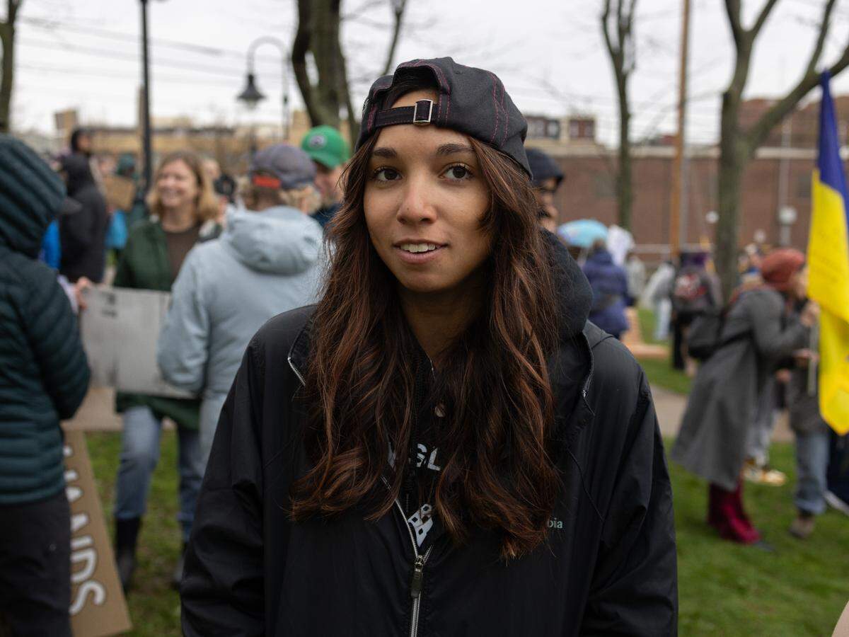 Maezy Leitzinger, a Penn State student, explains why she attended Saturday’s “Hands Off!” rally at State College’s Sidney Friedman Park, in opposition of President Donald Trump. The event was part of a nationwide effort that saw more than 1,000 similar rallies held across all 50 states.