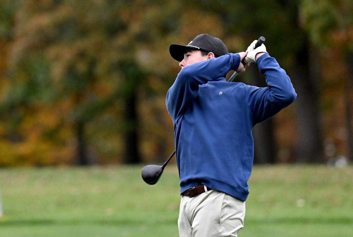 State College’s Luke Ladrido watches his shot during the PIAA Class 3A golf team championships on Wednesday, Oct. 22, 2025.  