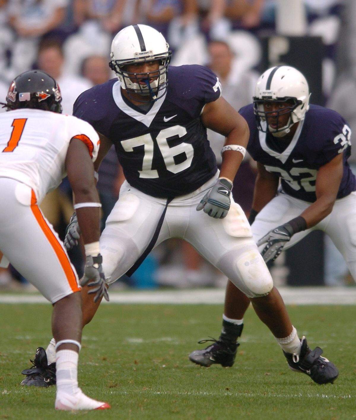 Penn State tackle Gerald Cadogan blocks on the offensive line on Sept. 6, 2008.