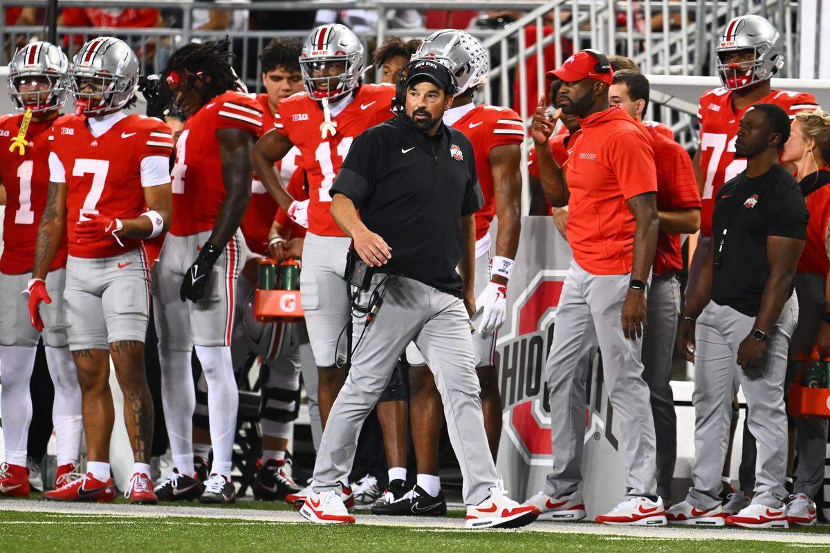 COLUMBUS, OHIO - OCTOBER 4: Head coach Ryan Day of the Ohio State Buckeyes follows gameplay in the third quarter of a game against the Minnesota Golden Gophers at Ohio Stadium on October 4, 2025 in Columbus, Ohio. (Photo by Ben Jackson/Getty Images)