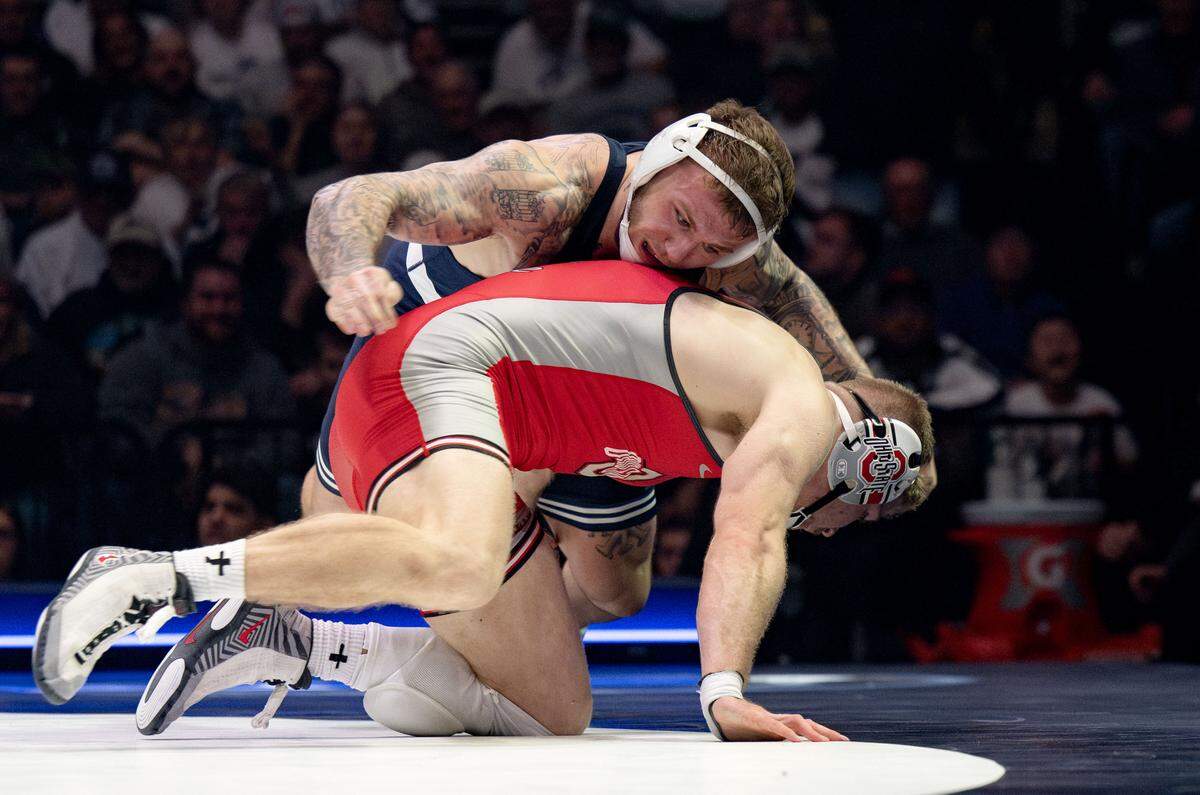 Penn State's Rocco Welsh controls Ohio State’s Dylan Fishback  in the 184 lb bout of the match on Friday, Feb. 13, 2026 at the Bryce Jordan Center. 