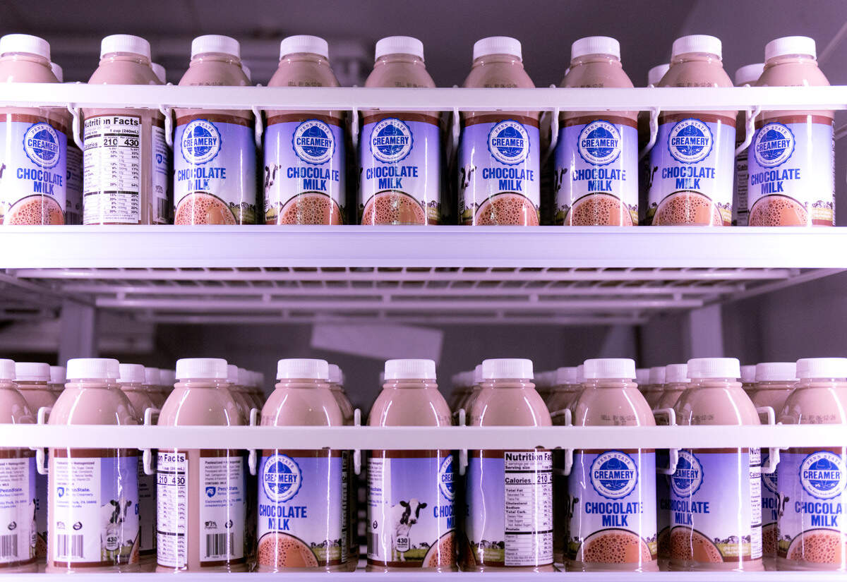 Rows of chocolate milk at Penn State Berkey Creamery.
