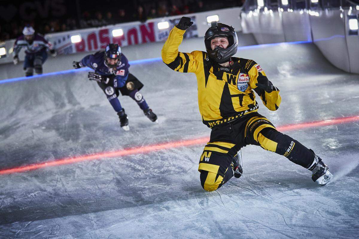 State High senior Johanny Velasquez, Martin Barrau of France, Toma Yamauchi of Japan and Theo Richalet-Chaudeur of France compete Feb. 8 during the Juniors Cup at the sixth stage of the ATSX Ice Cross Downhill World Championship at the Red Bull Crashed Ice at Fenway Park stadium in Boston.