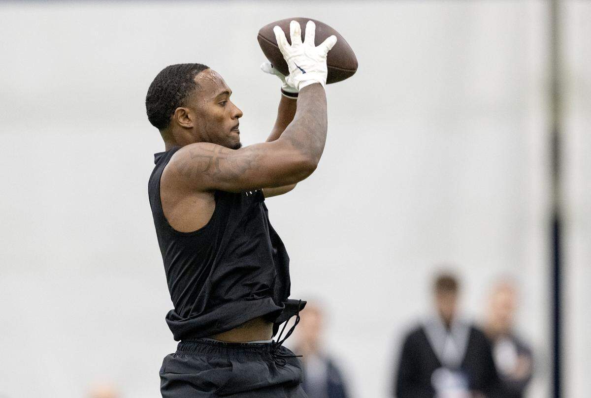 WR Kyron Hudson makes a catch during Penn State Pro Day on Wednesday, March 18, 2026.  