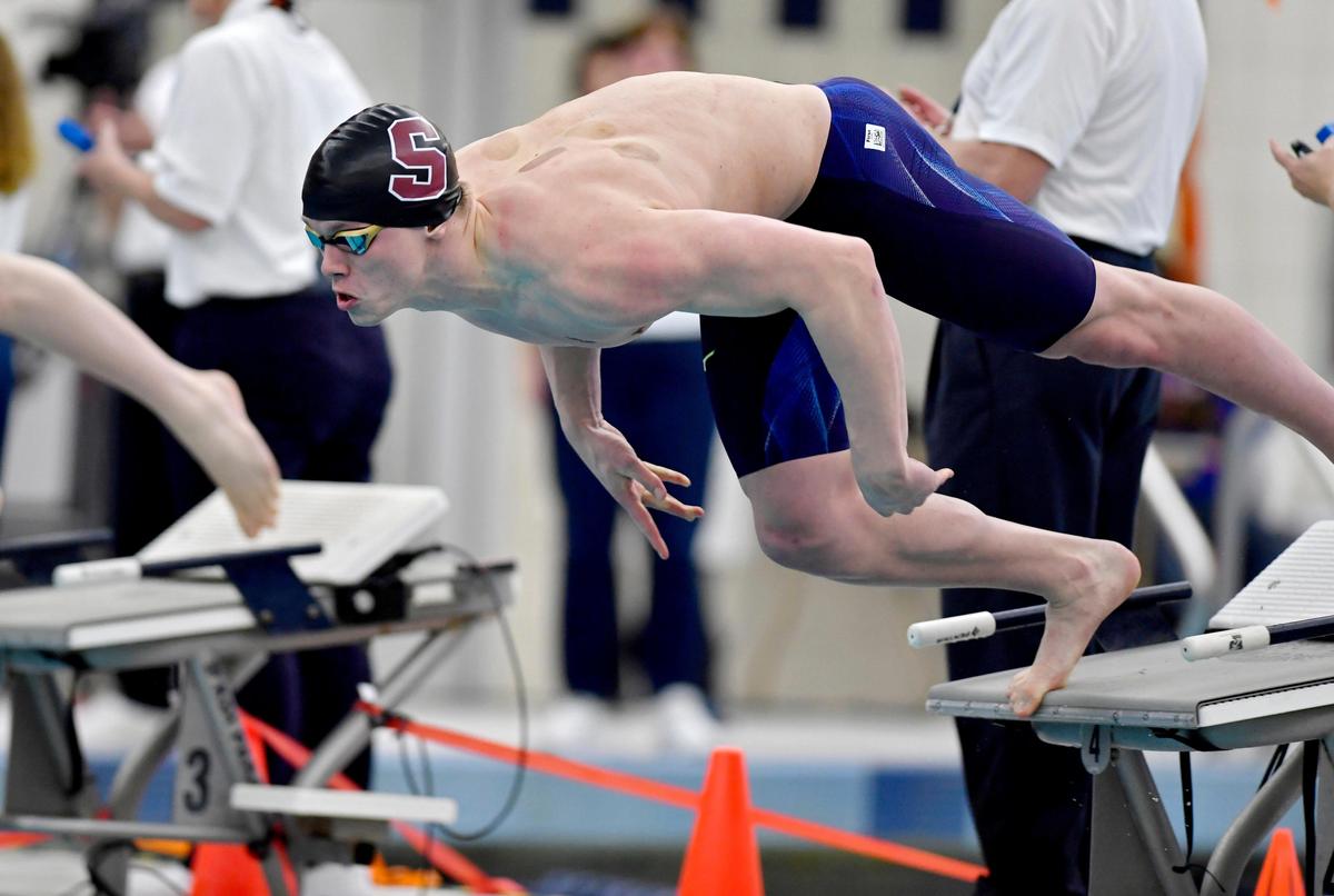 State College’s Matt Brownstead dives into the pool for the 50 yard freestyle finals at the PIAA swimming championships on Wednesday, March 11, 2020 at Bucknell. Brownstead finished in first with a time of 19.24 breaking the national record.