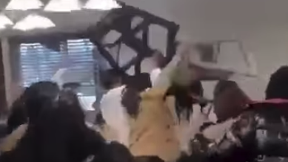 Chairs and tables were thrown during a brawl at a Golden Corral in Bensalem, Pennsylvania.